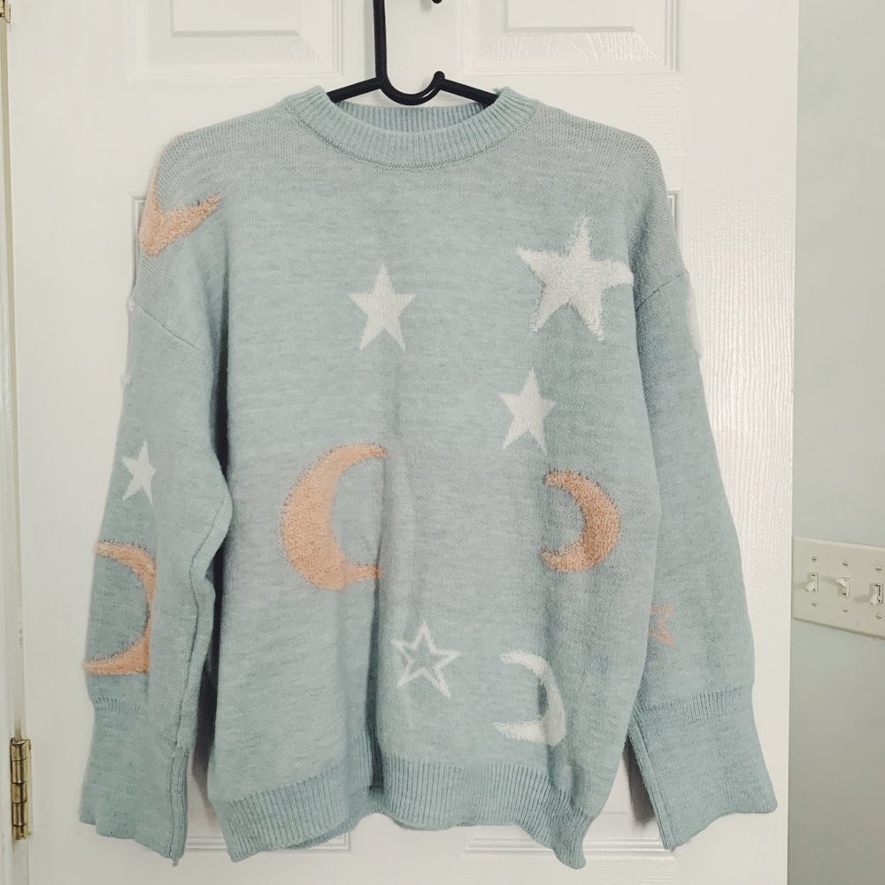 Moon & Star Knit Oversized Crewneck Sweater